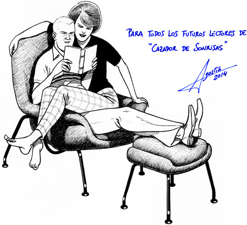 El Doctor Dunne y su mujer leyendo. Ilustración de Agustín Ferrer Casas, autor de el cómic Cazador de Sonrisas de Grafito Editorial 