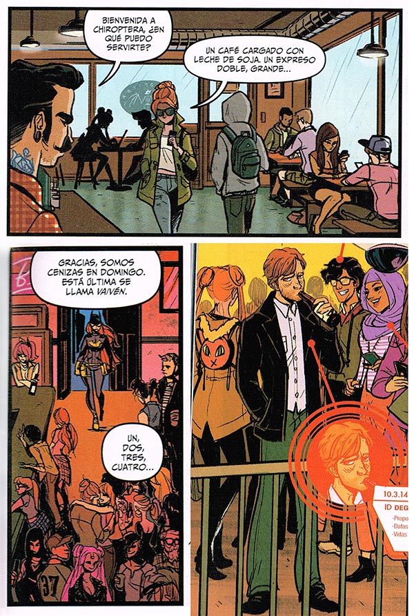 Pagina del cómic de Batgirl entrando en un bar